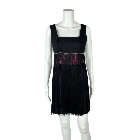 Vintage 60s Fringe Dress Black Cocktail Mini Rhinestone Pink Midriff Glamorous